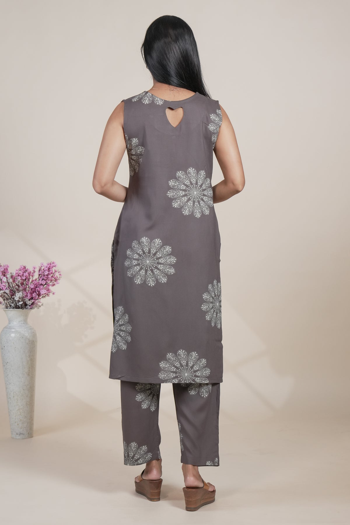Grey Floral Printed Kurta with Matching Pants Set