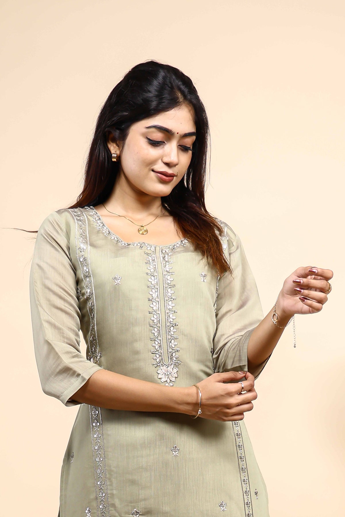Elegant Sage Green Embroidered Kurta Set with Dupatta
