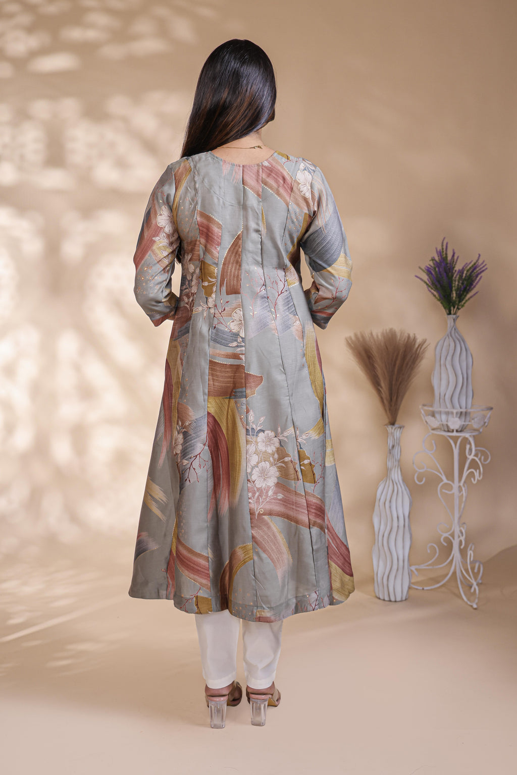 Grey Abstract Printed Silk Blend A-Line Kurta umbrella top
