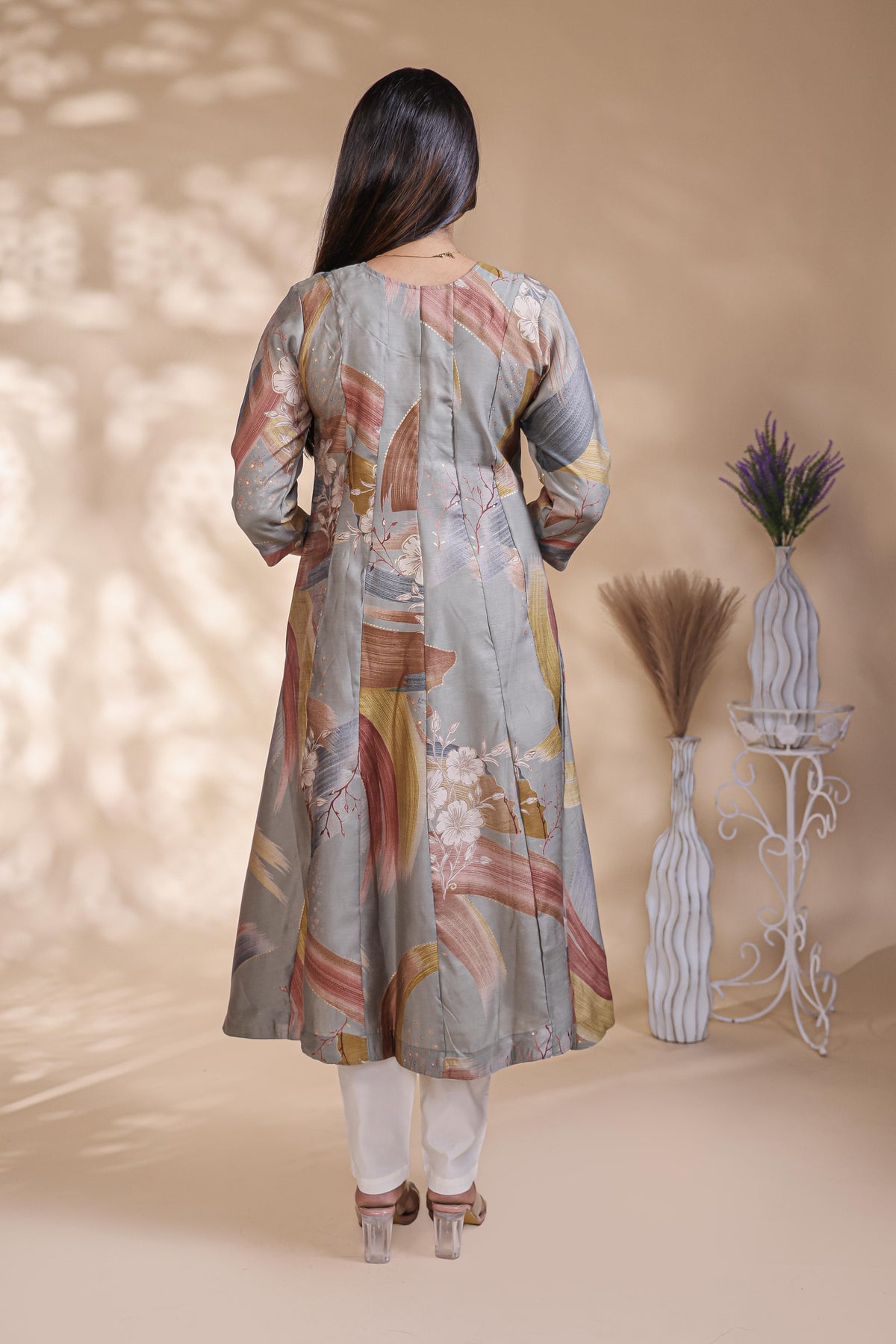 Grey Abstract Printed Silk Blend A-Line Kurta umbrella top