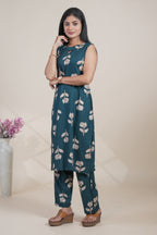 Dark Teal Floral Printed Straight Kurta with Matching