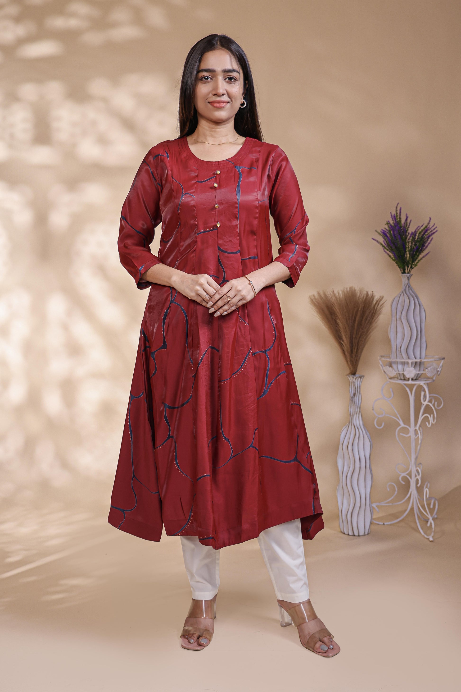 Maroon Abstract Printed A-Line Silk Blend umbrella top
