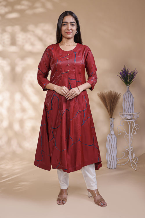 Maroon Abstract Printed A-Line Silk Blend umbrella top