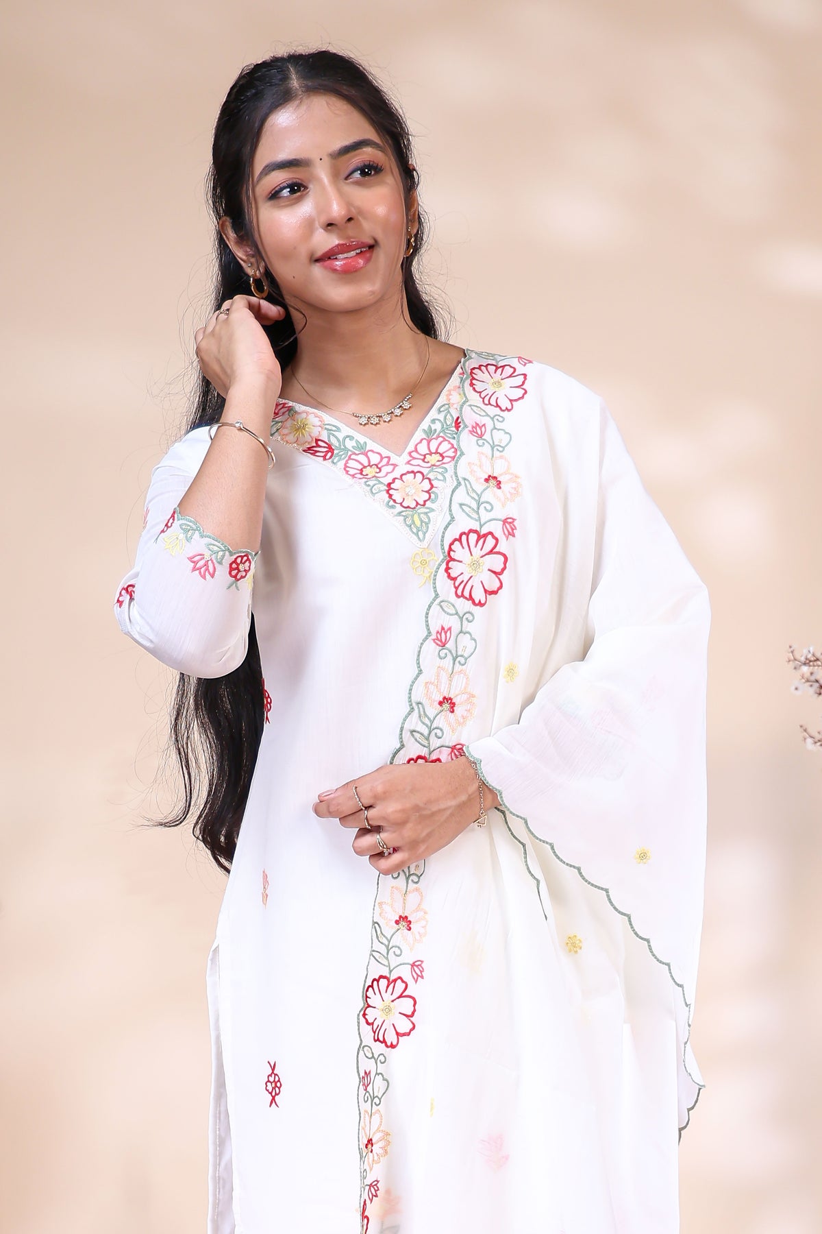Off-White Floral Embroidered Kurta Set with Matching Dupatta