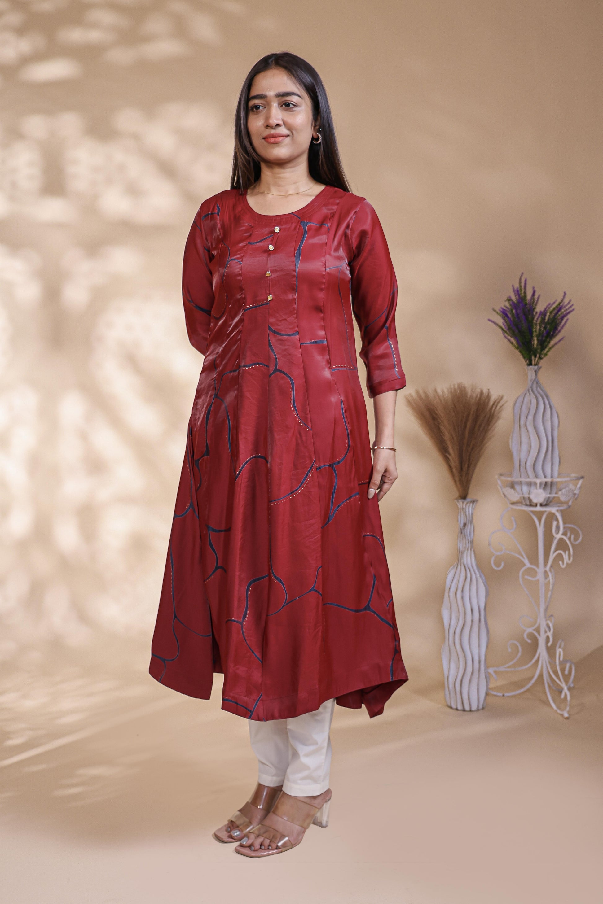 Maroon Abstract Printed A-Line Silk Blend umbrella top