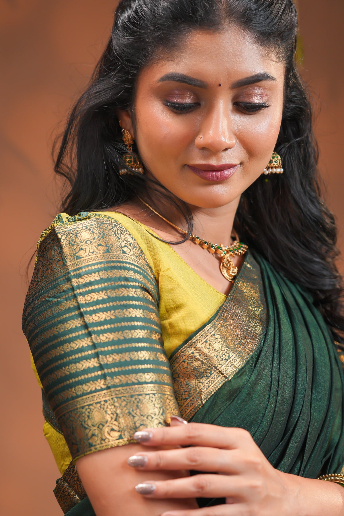 Elegant Bottle Green and Mustard Yellow Traditional Silk Half Saree Set