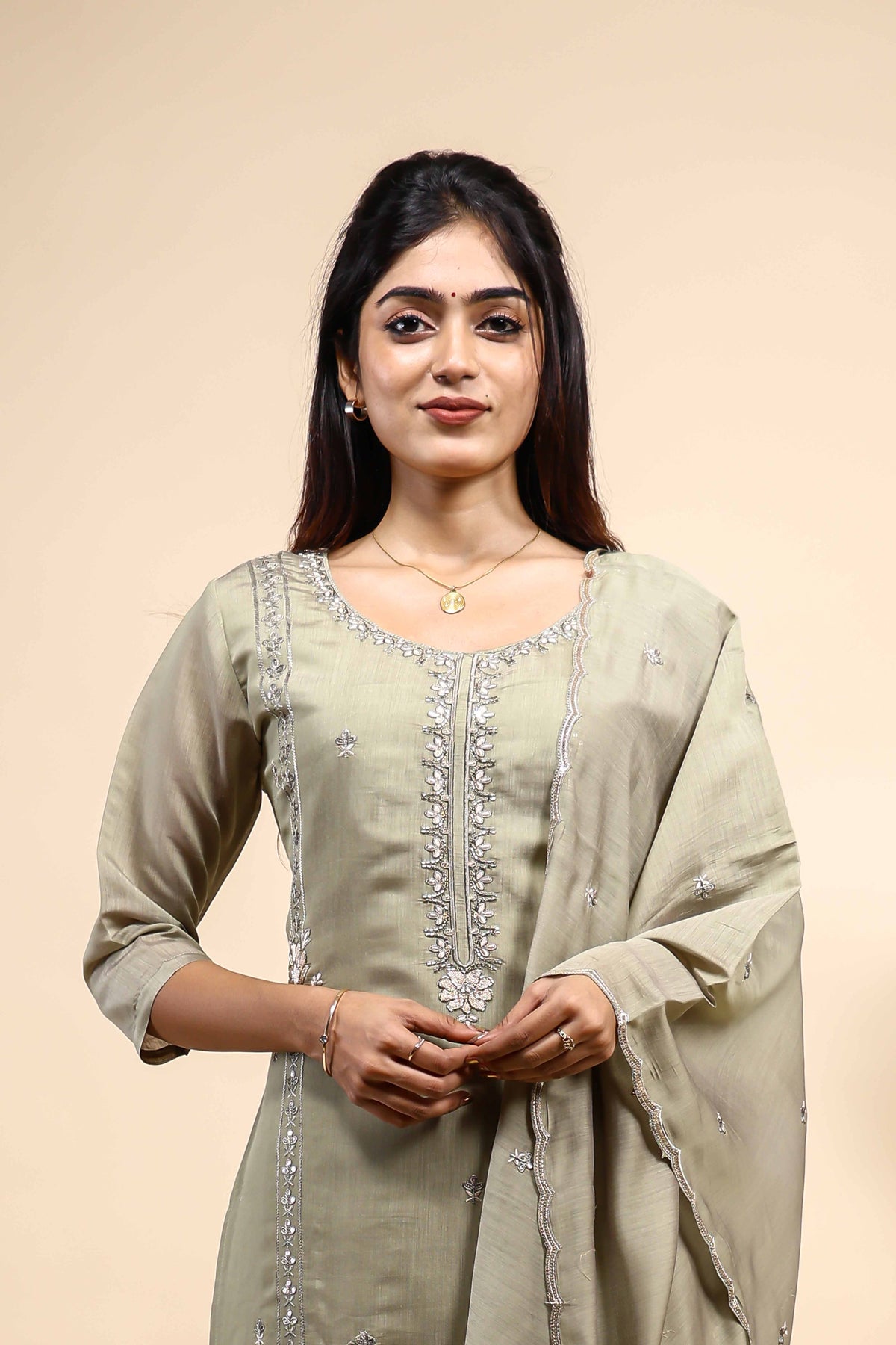 Elegant Sage Green Embroidered Kurta Set with Dupatta