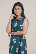 Dark Teal Floral Printed Straight Kurta with Matching