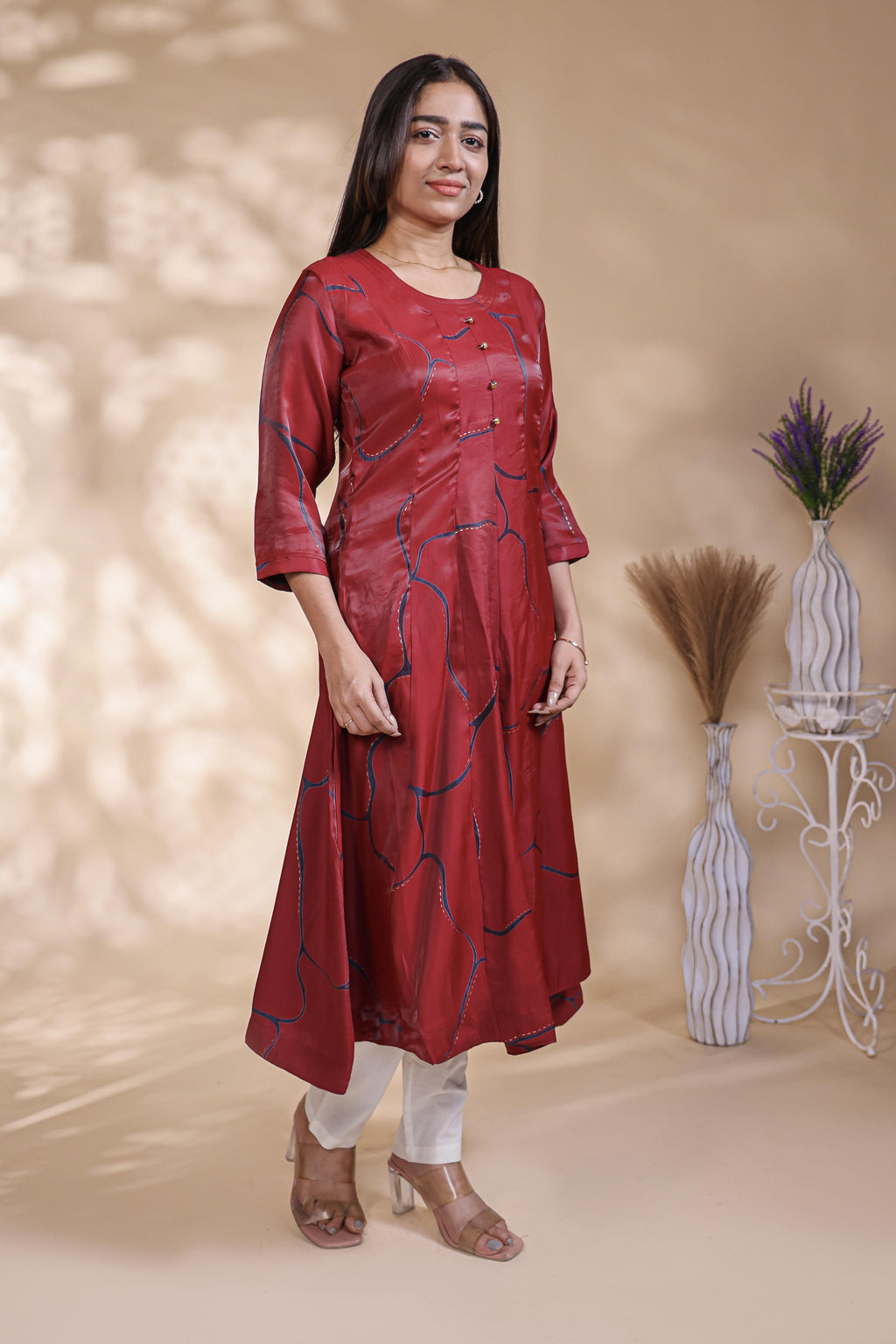 Maroon Abstract Printed A-Line Silk Blend umbrella top