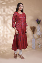 Maroon Abstract Printed A-Line Silk Blend umbrella top