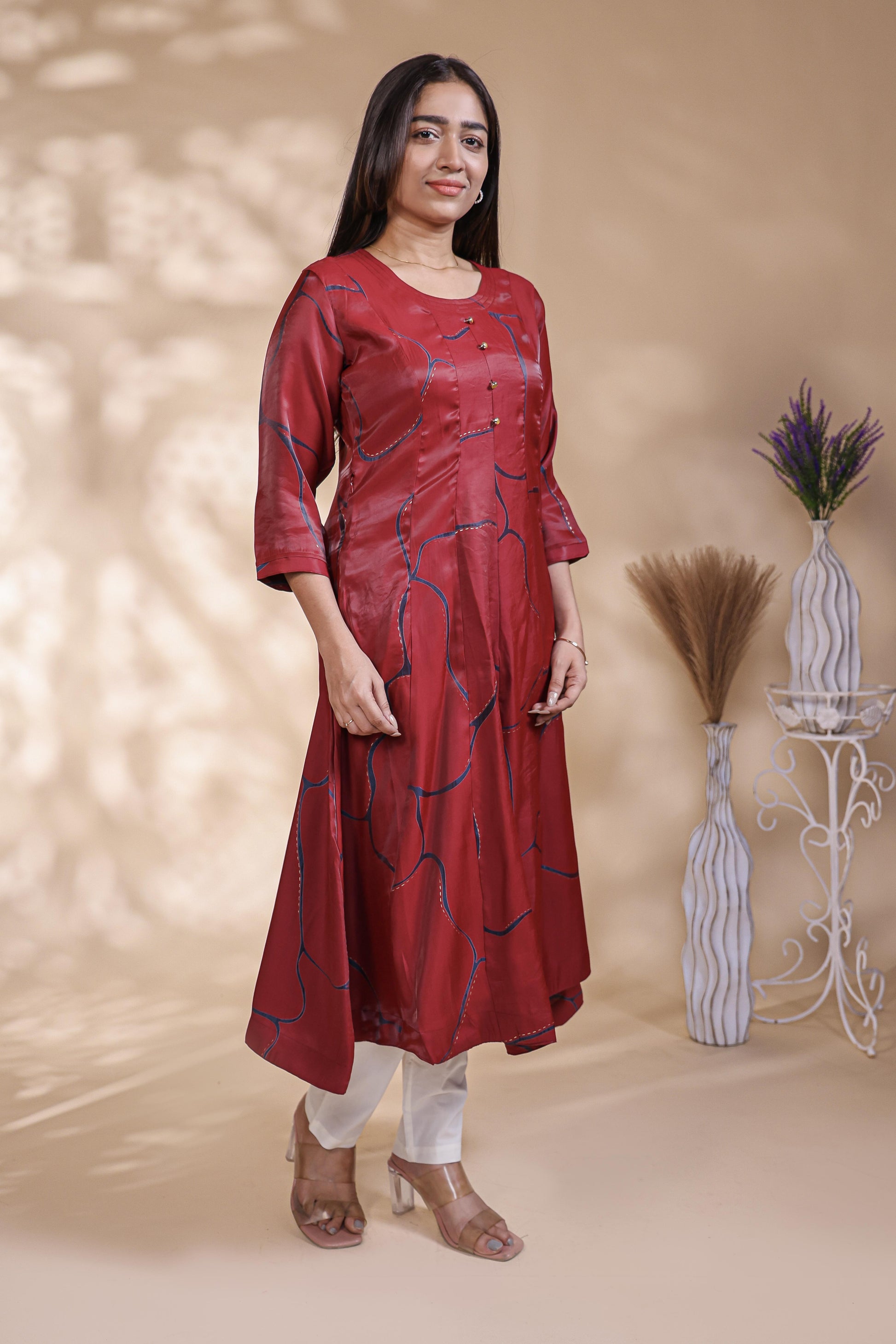 Maroon Abstract Printed A-Line Silk Blend umbrella top