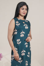 Dark Teal Floral Printed Straight Kurta with Matching