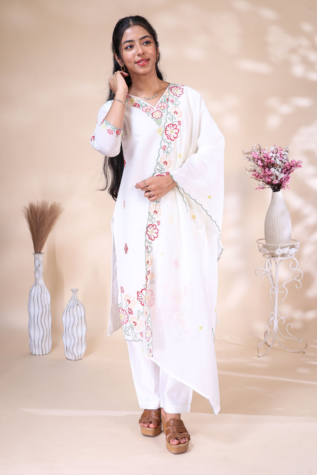 Off-White Floral Embroidered Kurta Set with Matching Dupatta