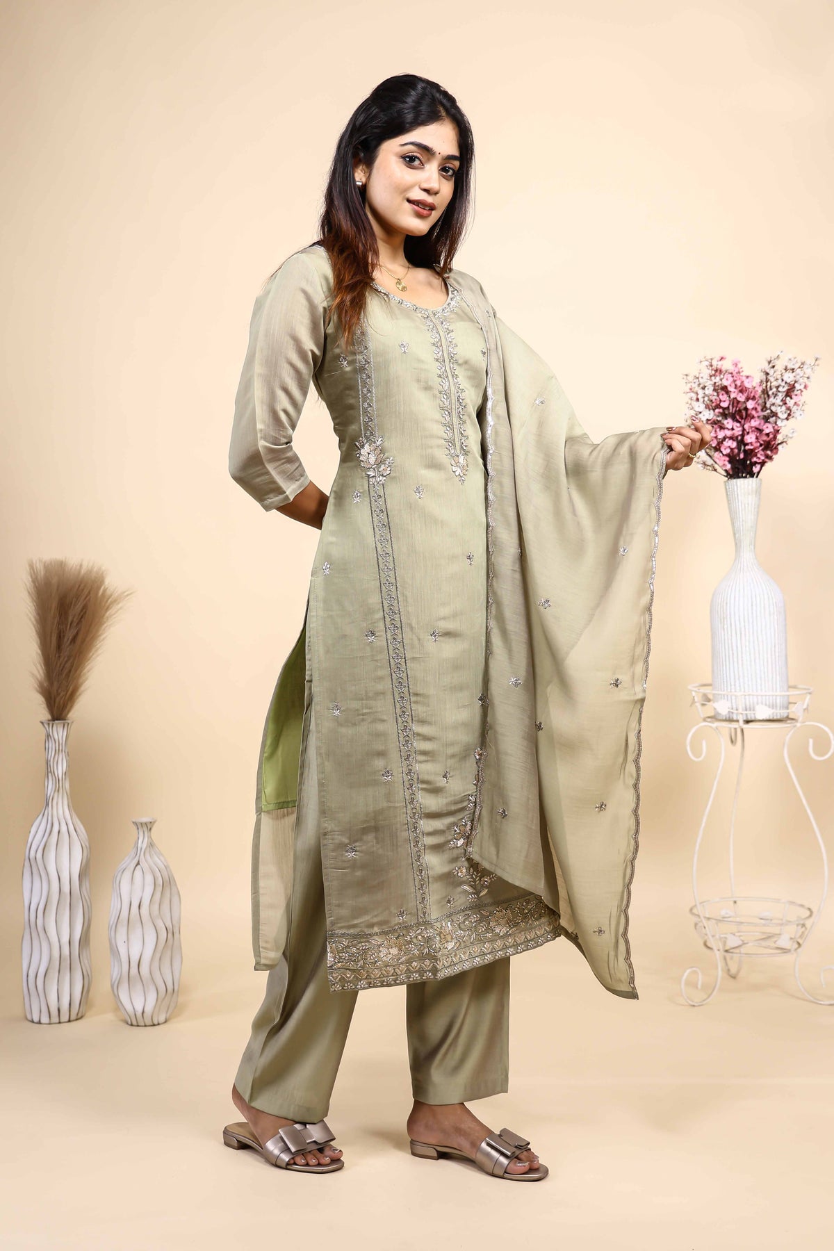 Elegant Sage Green Embroidered Kurta Set with Dupatta