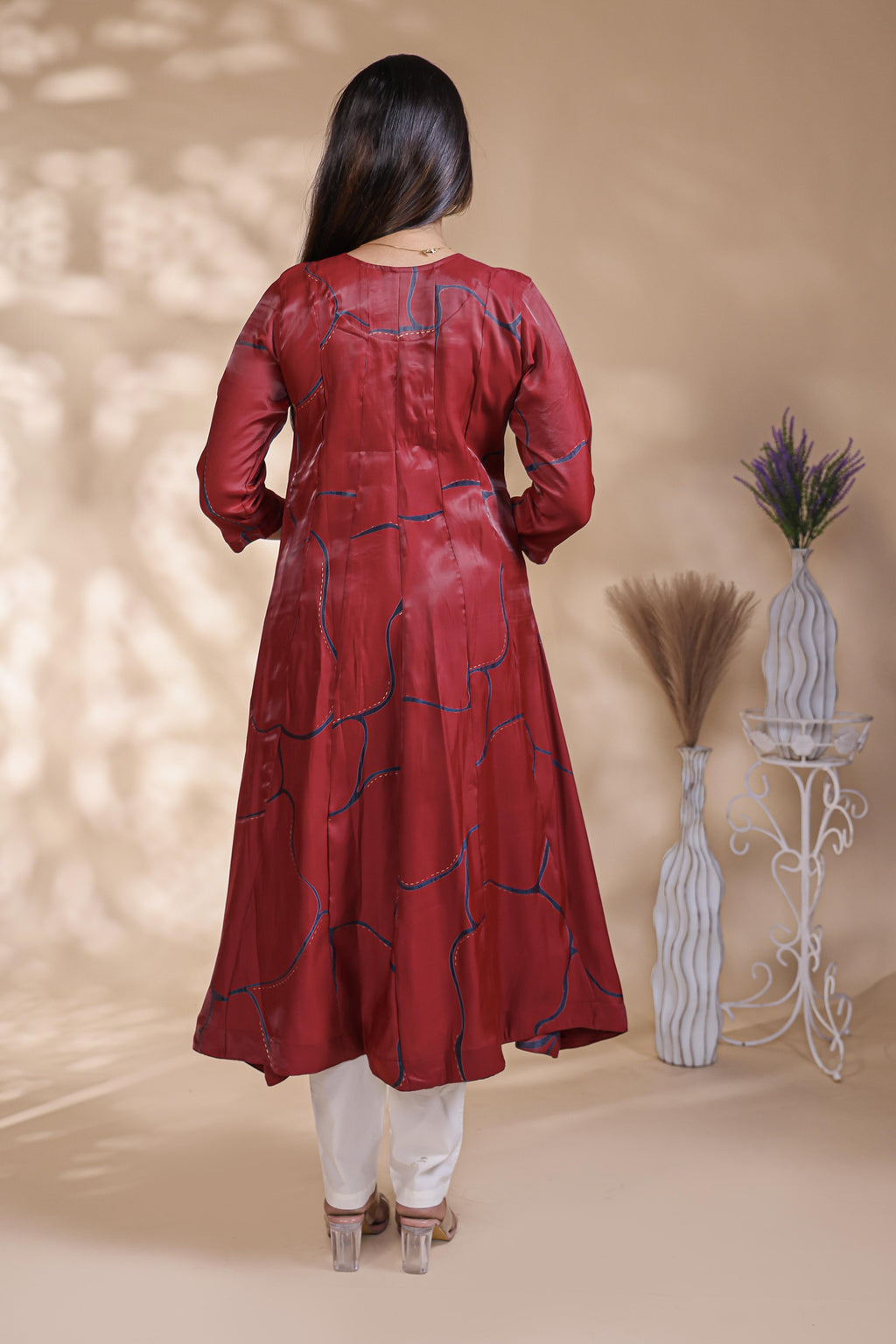 Maroon Abstract Printed A-Line Silk Blend umbrella top