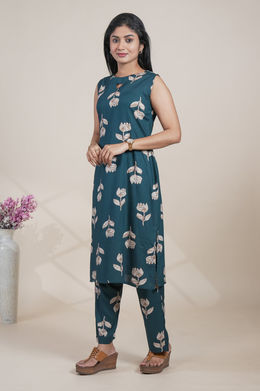 Dark Teal Floral Printed Straight Kurta with Matching