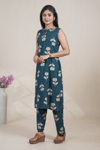 Dark Teal Floral Printed Straight Kurta with Matching