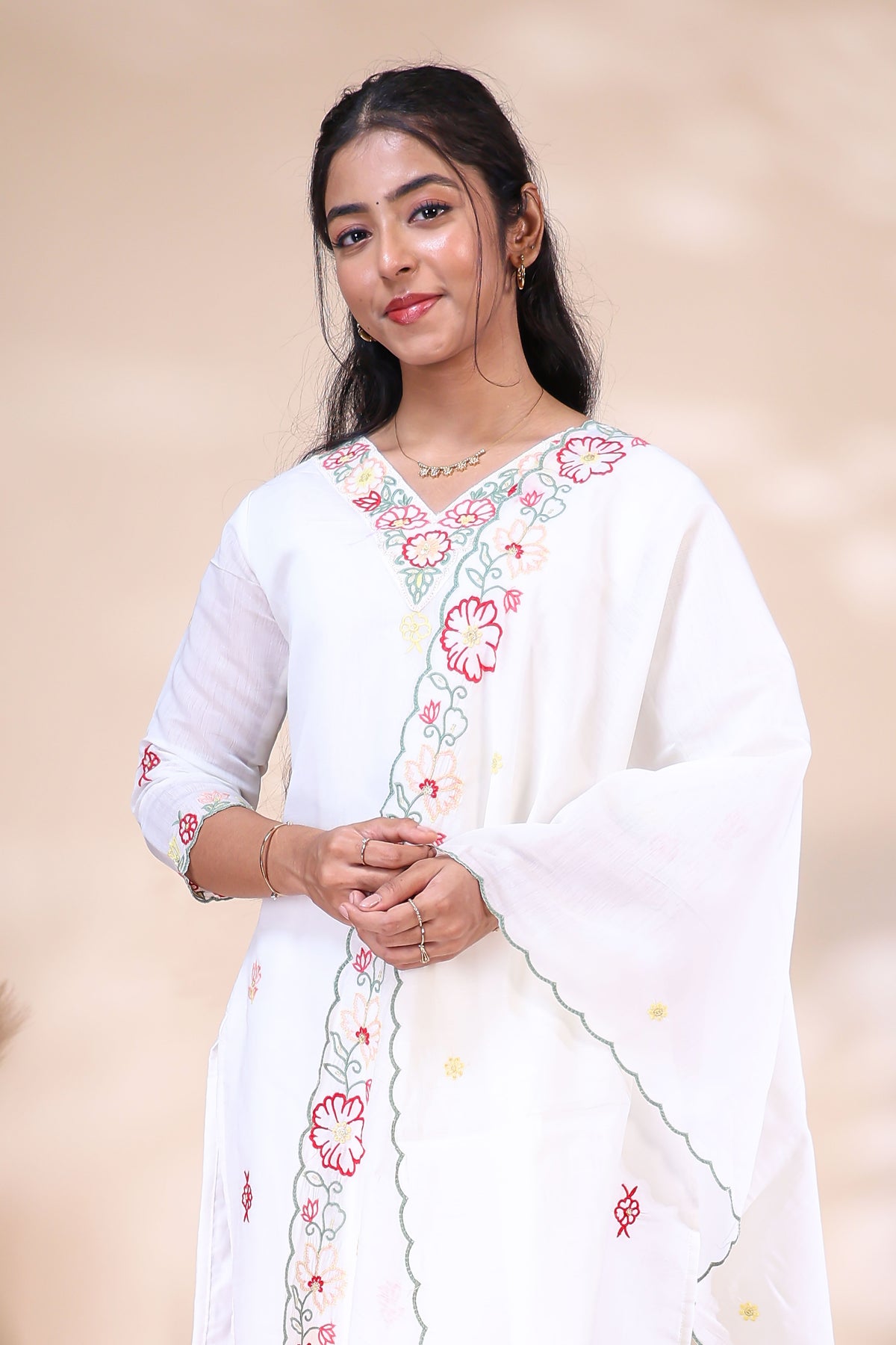 Off-White Floral Embroidered Kurta Set with Matching Dupatta