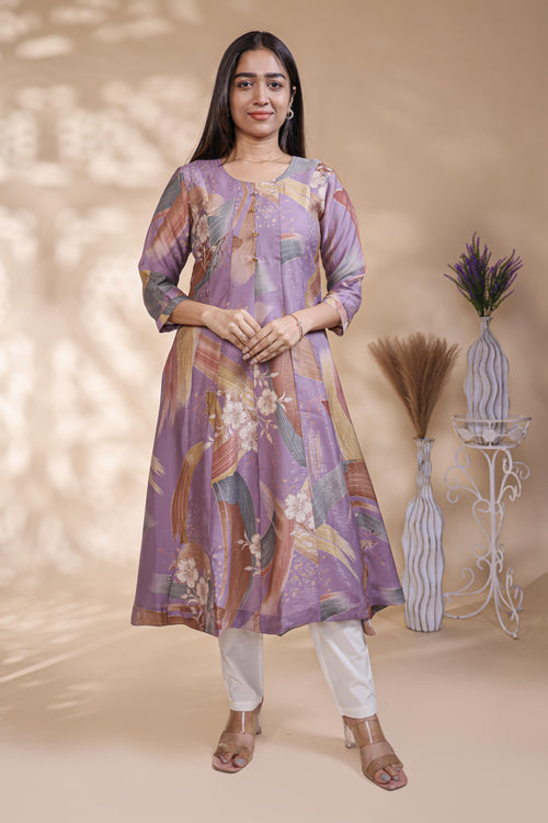 Lavender Brushstroke Print Pleated A-Line Kurta umbrella top