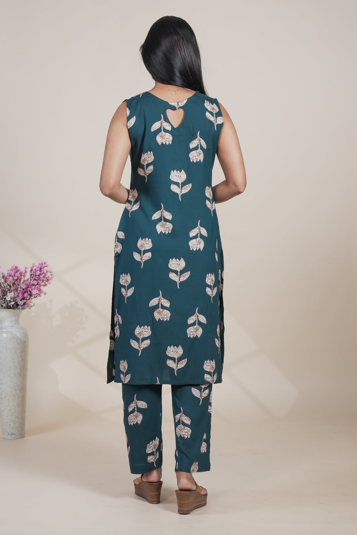 Dark Teal Floral Printed Straight Kurta with Matching