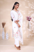 Off-White Floral Embroidered Kurta Set with Matching Dupatta