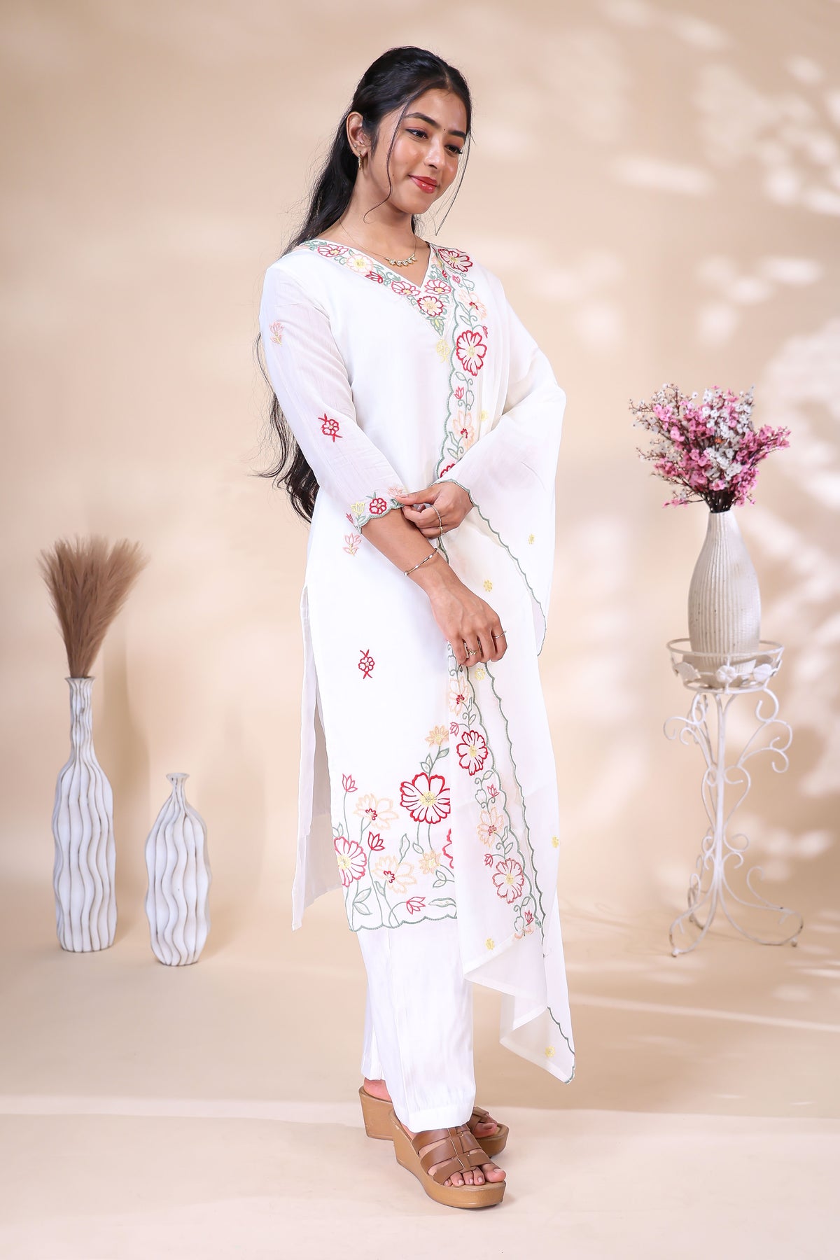 Off-White Floral Embroidered Kurta Set with Matching Dupatta