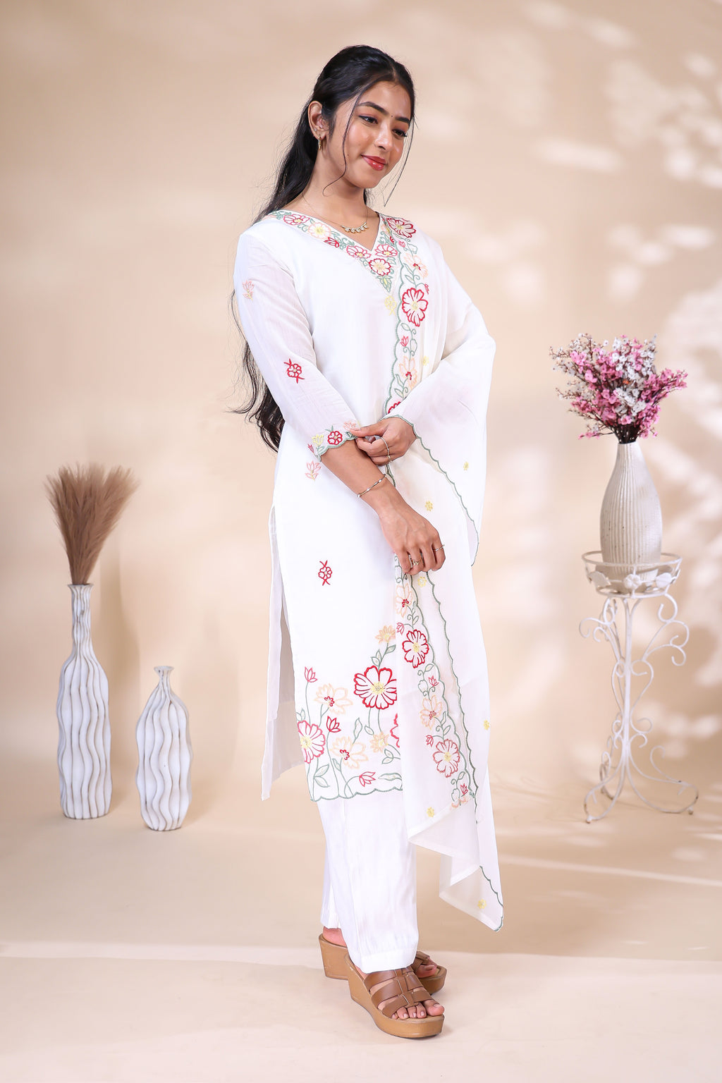 Off-White Floral Embroidered Kurta Set with Matching Dupatta
