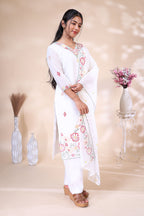 Off-White Floral Embroidered Kurta Set with Matching Dupatta
