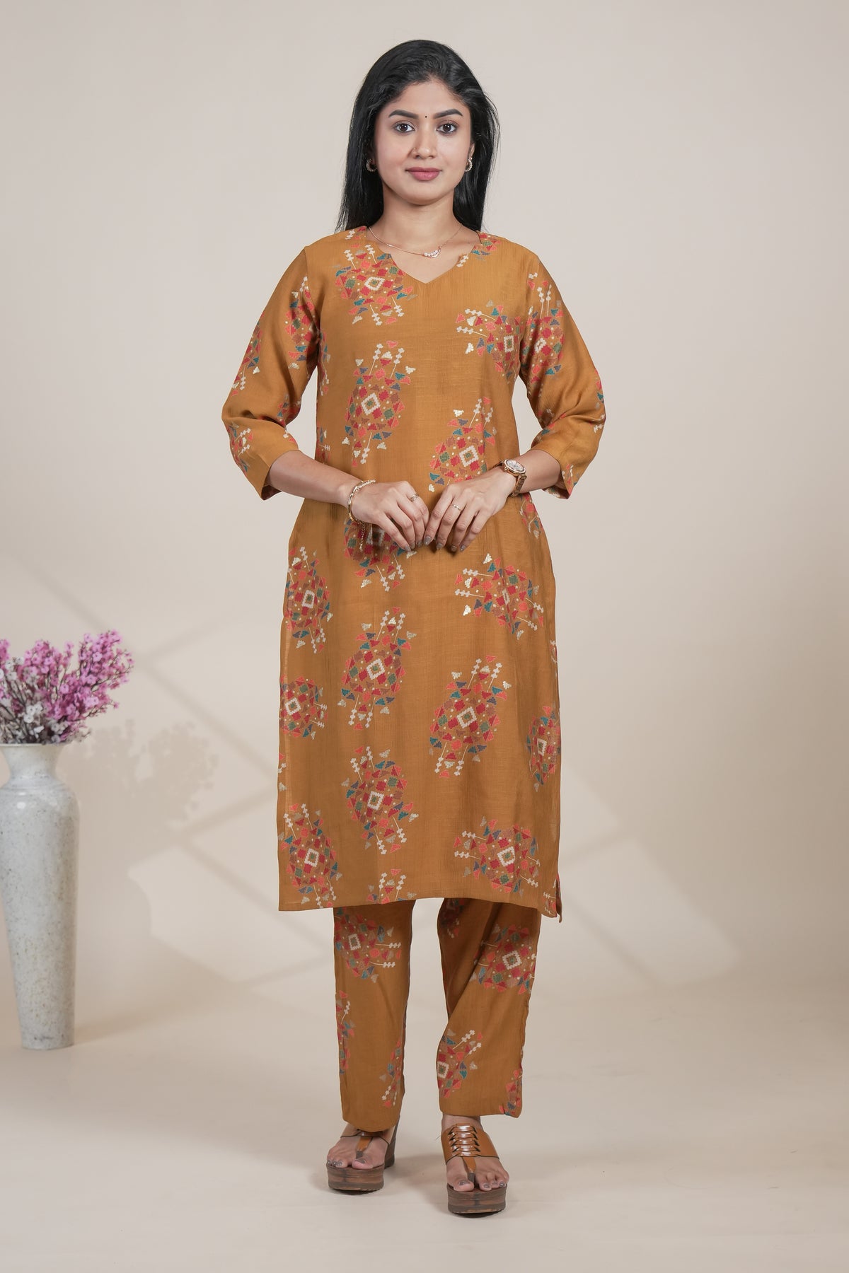 Mustard Yellow Floral Printed Straight Kurta with Matching Pants Set