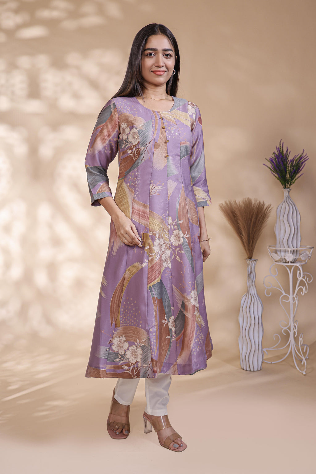Lavender Brushstroke Print Pleated A-Line Kurta umbrella top