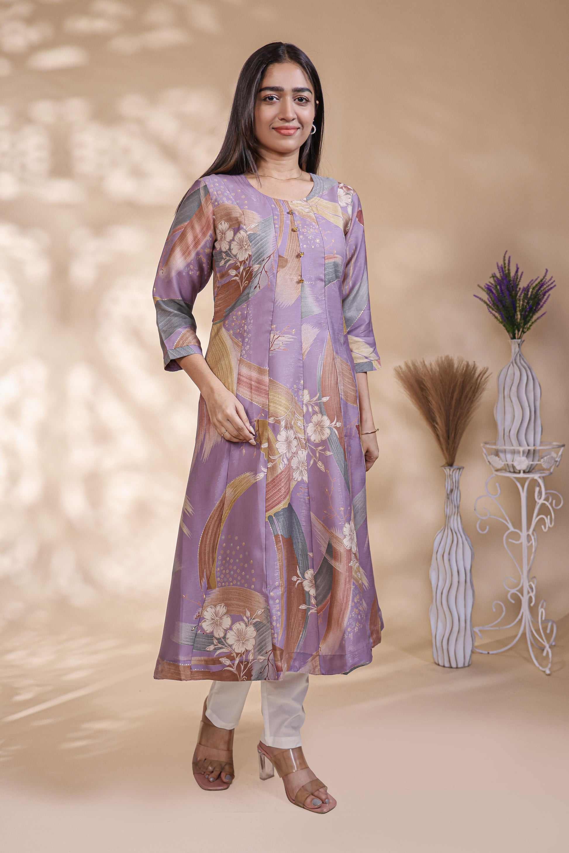 Lavender Brushstroke Print Pleated A-Line Kurta umbrella top