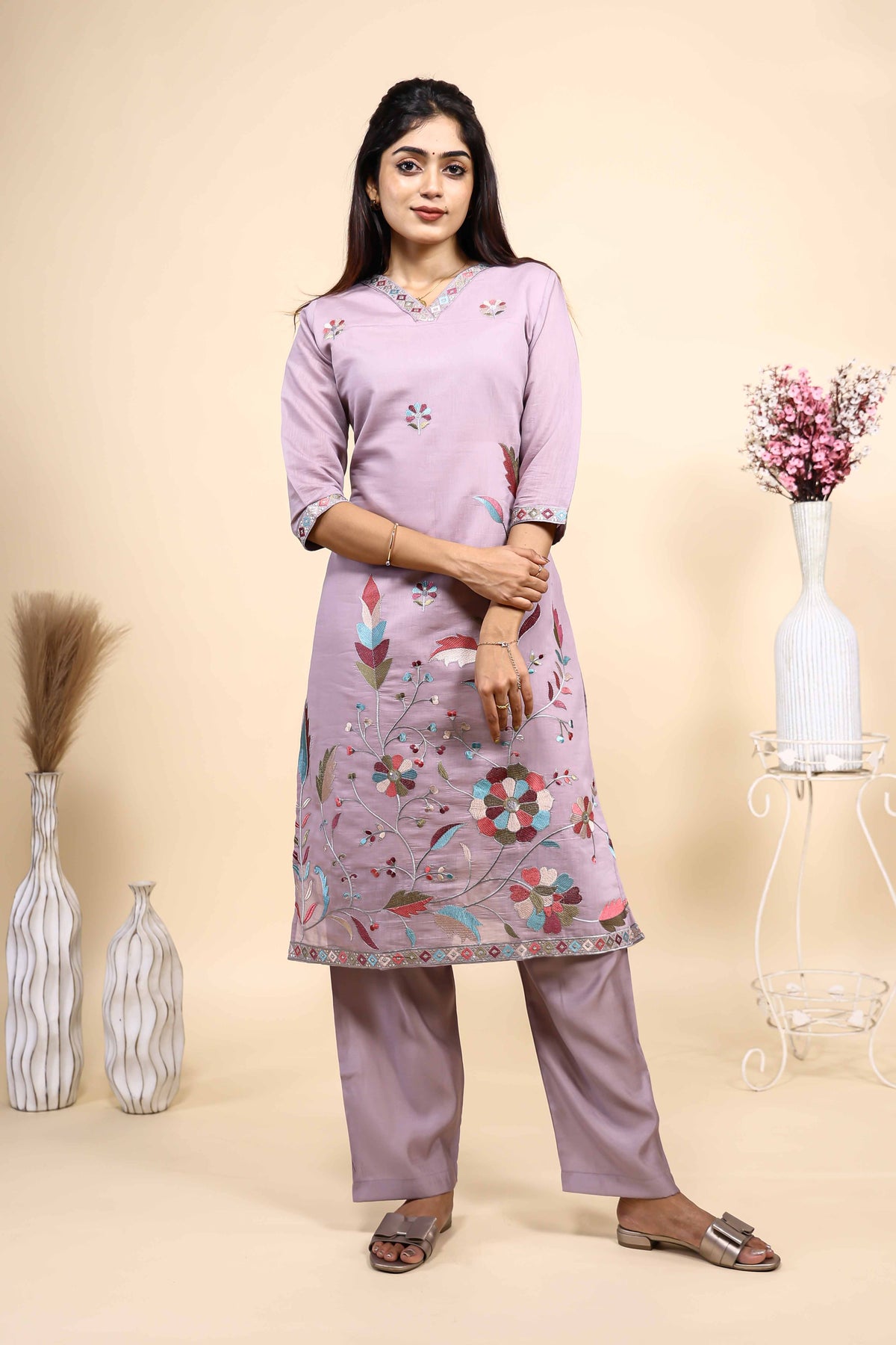 Women Lavender Floral Embroidered Straight Kurta with Trousers and Dupatta Set