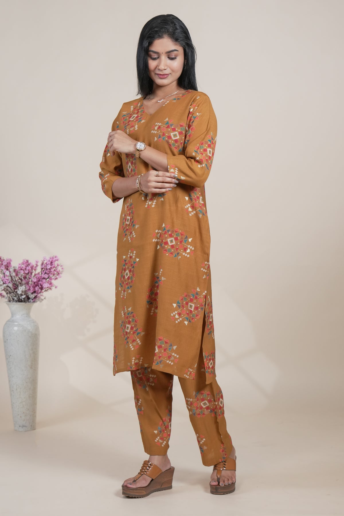 Mustard Yellow Floral Printed Straight Kurta with Matching Pants Set