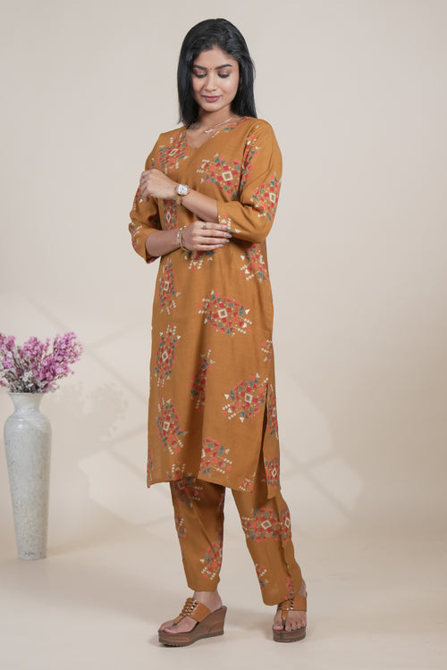 Mustard Yellow Floral Printed Straight Kurta with Matching Pants Set