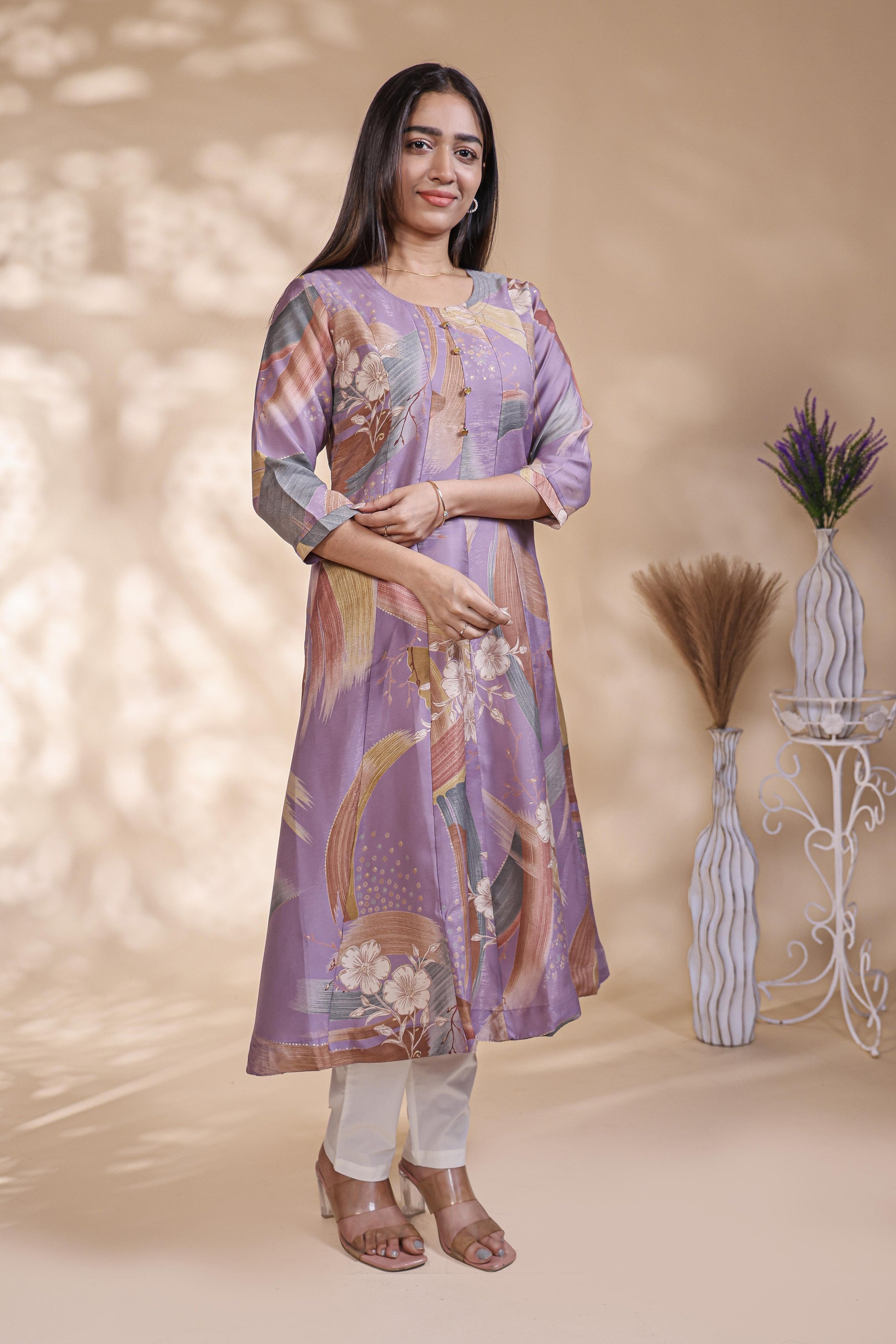 Lavender Brushstroke Print Pleated A-Line Kurta umbrella top