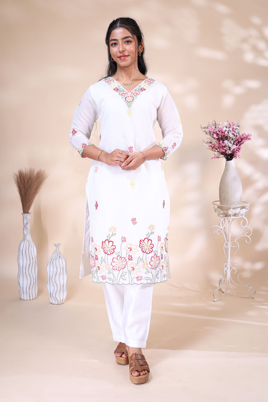 Off-White Floral Embroidered Kurta Set with Matching Dupatta