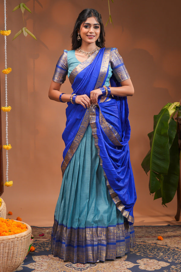 Royal Blue and Sea Green Designer Half Saree with Traditional Gold Zari Work