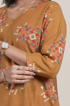 Mustard Yellow Floral Printed Straight Kurta with Matching Pants Set