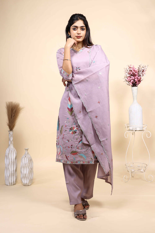 Women Lavender Floral Embroidered Straight Kurta with Trousers and Dupatta Set