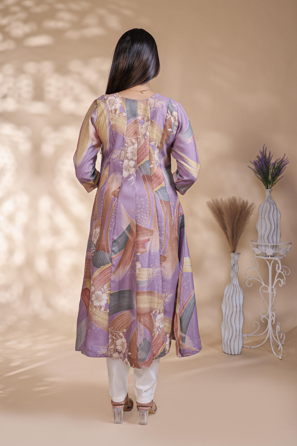 Lavender Brushstroke Print Pleated A-Line Kurta umbrella top