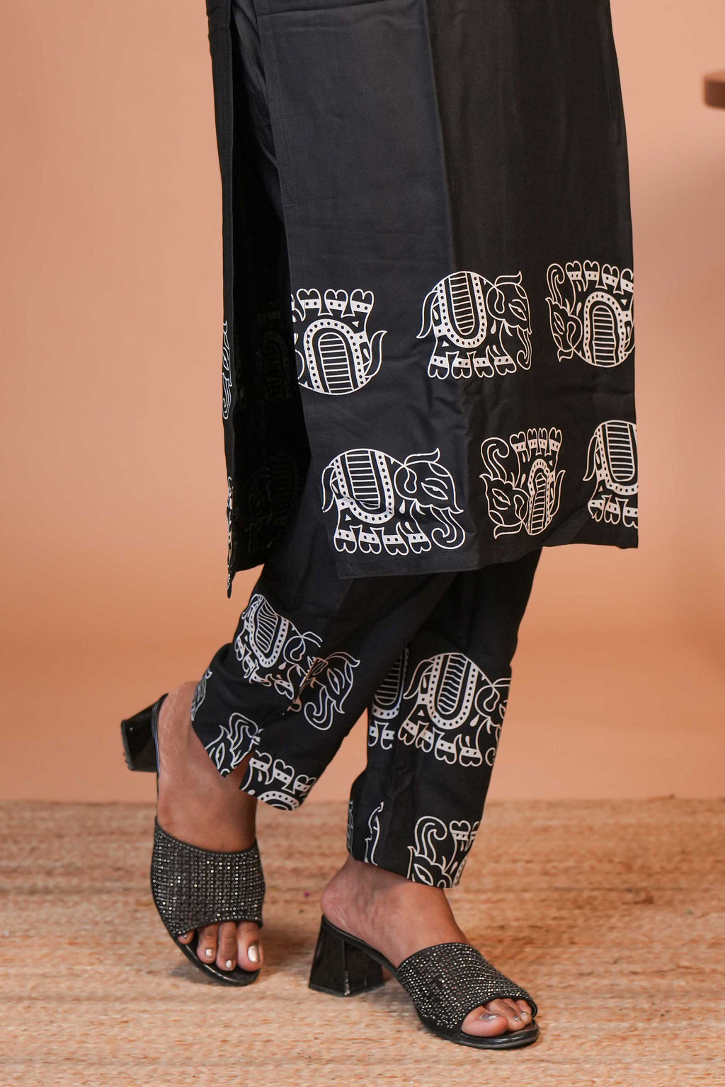 Black Co- Ord set With Ethnic Elephant Motifs