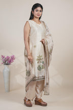 Elegant Beige Jacquard butti Floral Printed Kurta Set with Dupatta