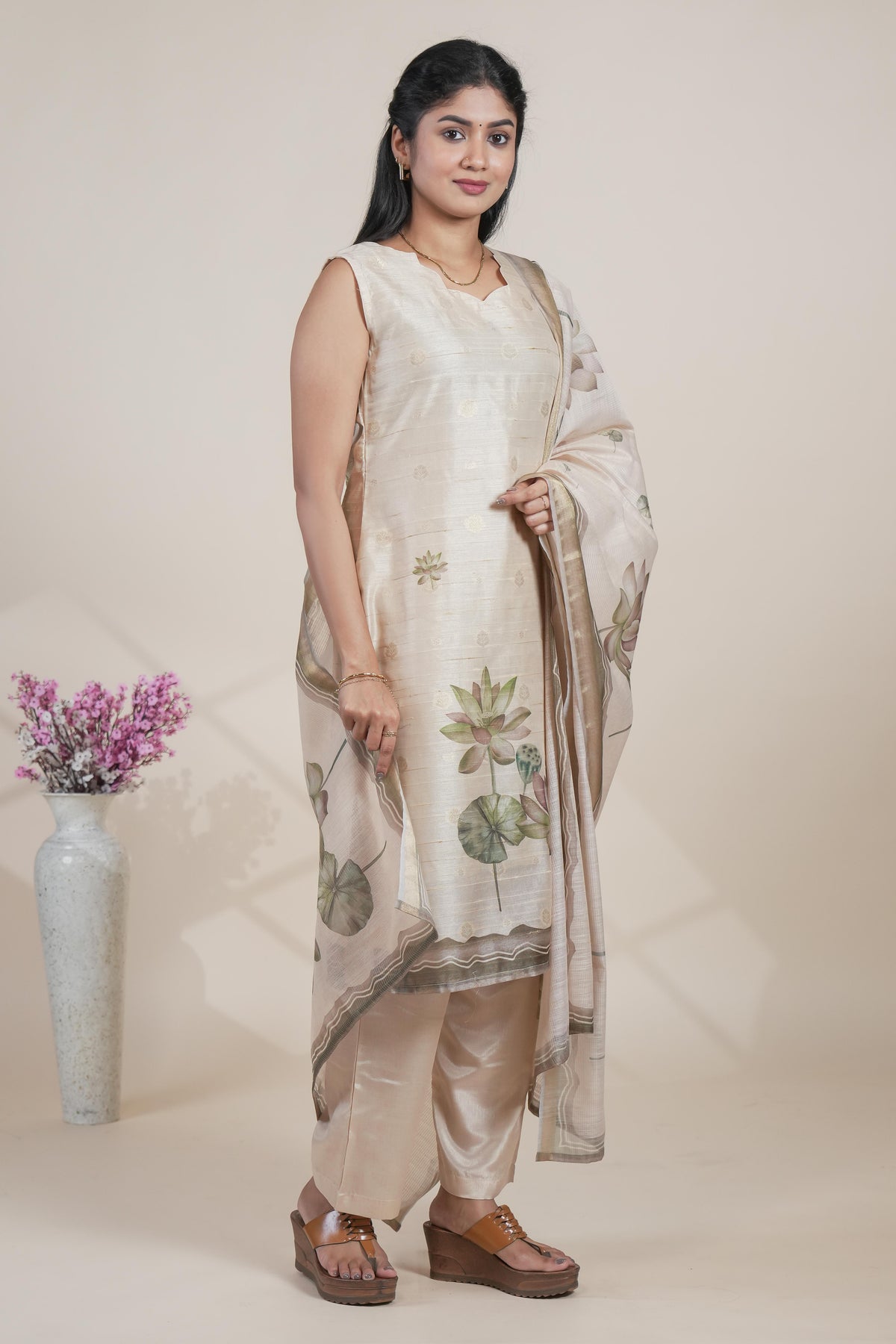 Elegant Beige Jacquard butti Floral Printed Kurta Set with Dupatta