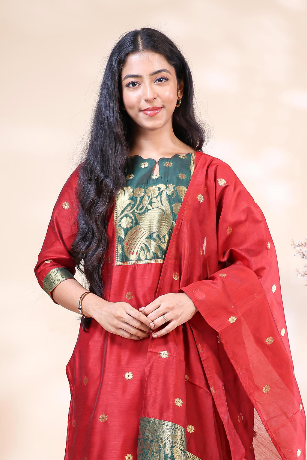 Red and Dark Green Banarasi Silk Festive 3 Piece Set with Matching Dupatta
