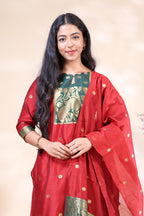 Red and Dark Green Banarasi Silk Festive 3 Piece Set with Matching Dupatta