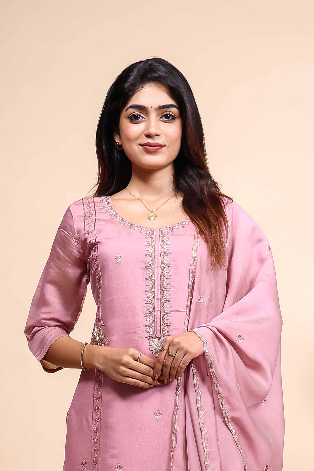 Elegant Dusty Pink Hand-Embroidered 3 piece Set with Dupatta