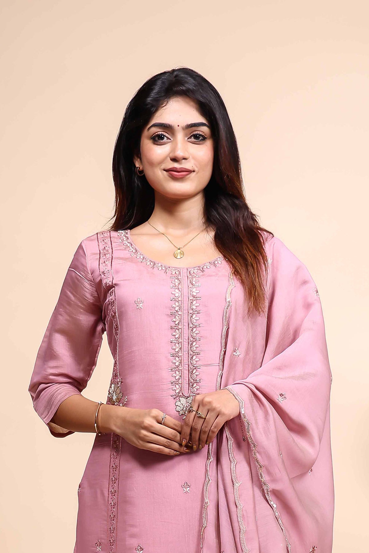 Elegant Dusty Pink Hand-Embroidered 3 piece Set with Dupatta