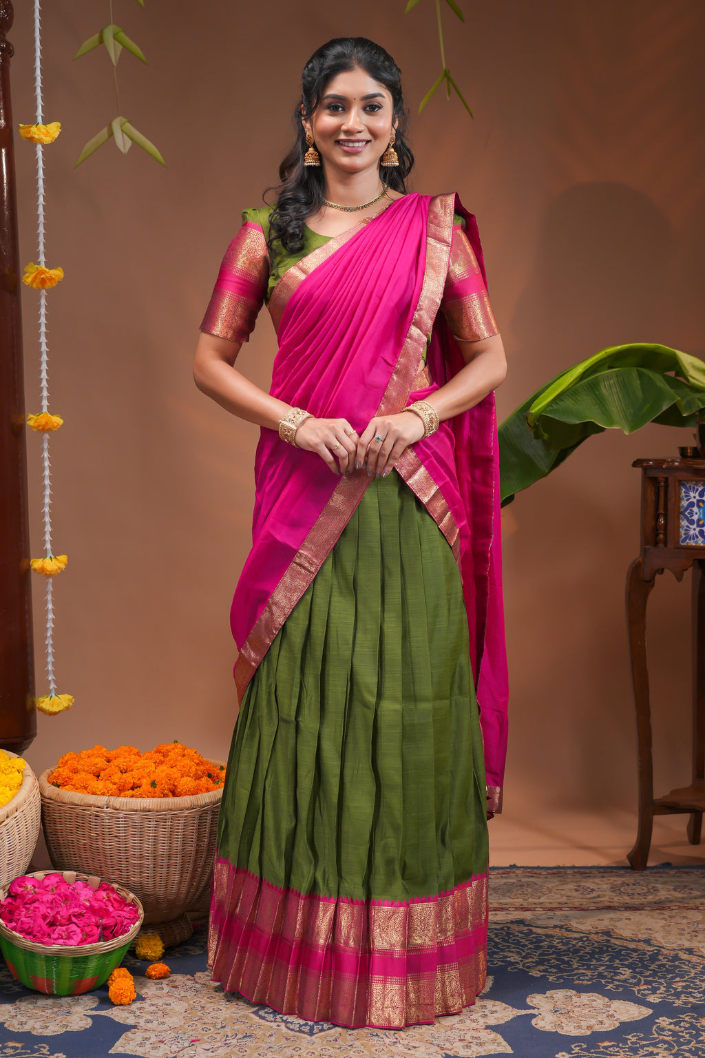 Traditional Olive Green Lehengas and Vibrant Pink Silk Half Saree