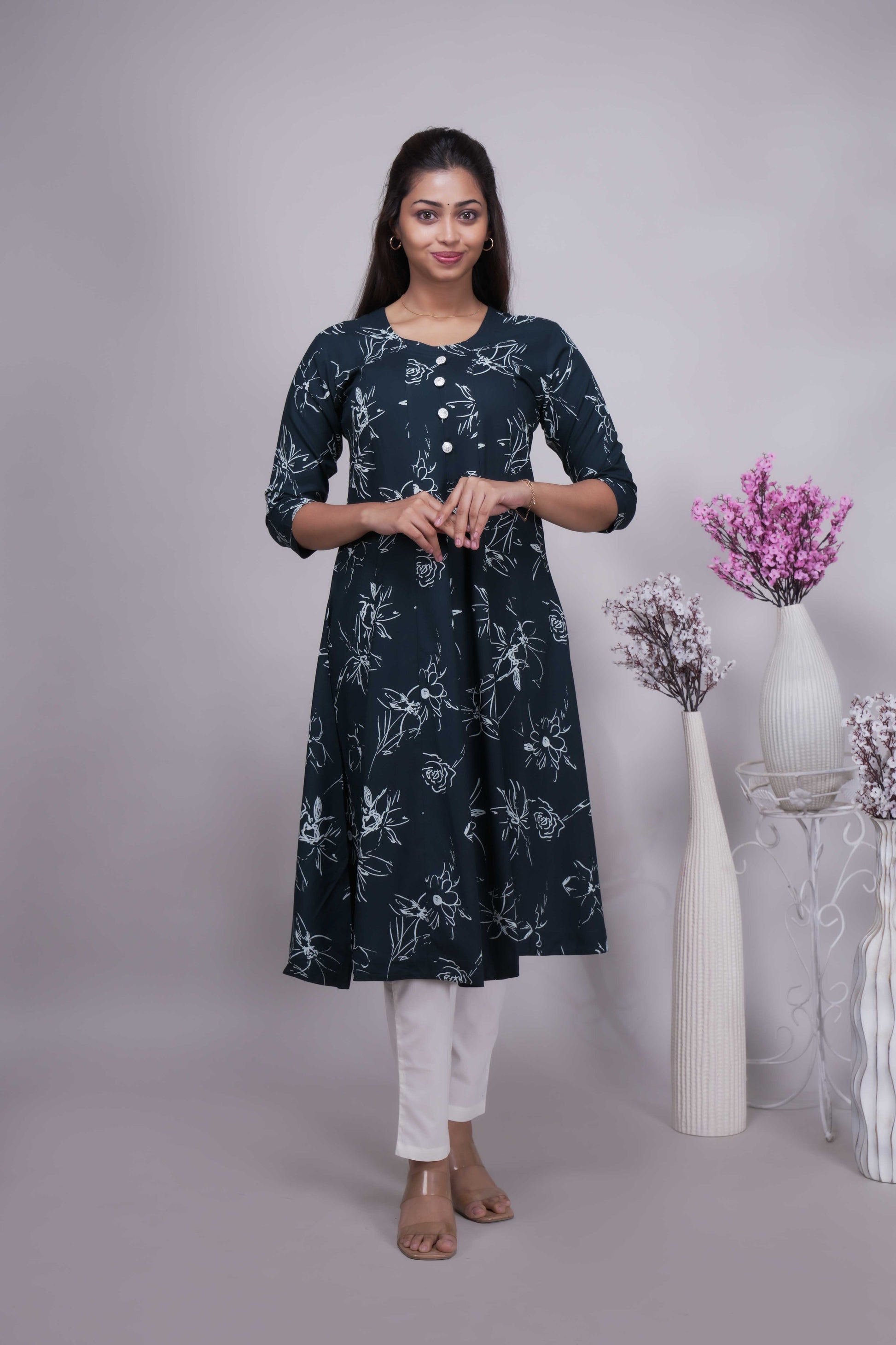 Women's Floral Print A-Line Kurta with Show Buttons
