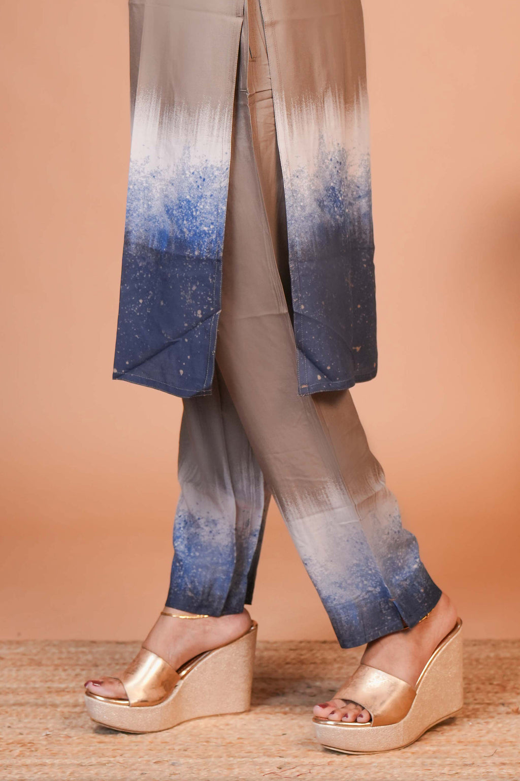 A muted Taupe/mocha brown at the top to a vibrant cobalt and navy blue